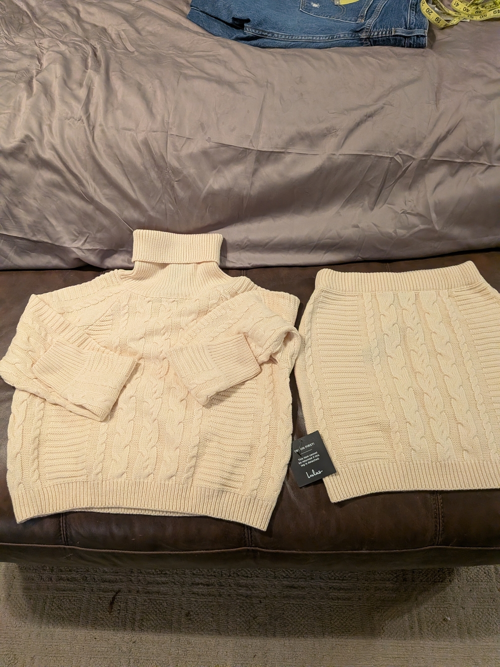 Lulu's Women's Cream Cable Knit Turtleneck Sweater & Mini Skirt Set, Sz M